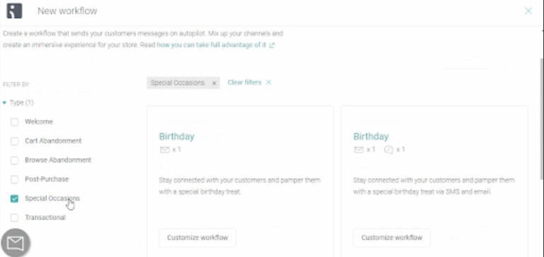 Omnisend pre-built automation workflows interface showing ready-made email campaigns with subject lines and messaging templates for ecommerce marketing